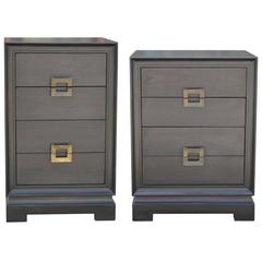 Luxe Pair of Modern Ebonized Nightstands with Brass Handles