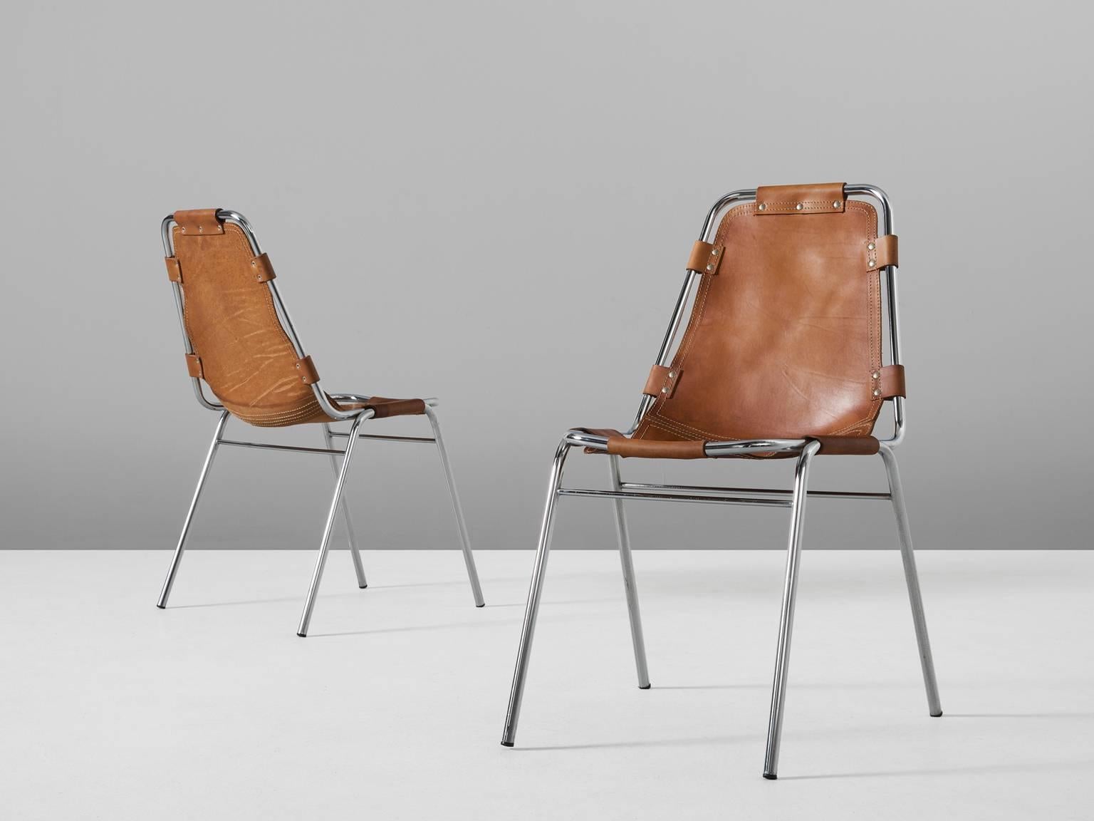 Italian Set of Eight 'Les Arcs' Chairs in Cognac Leather