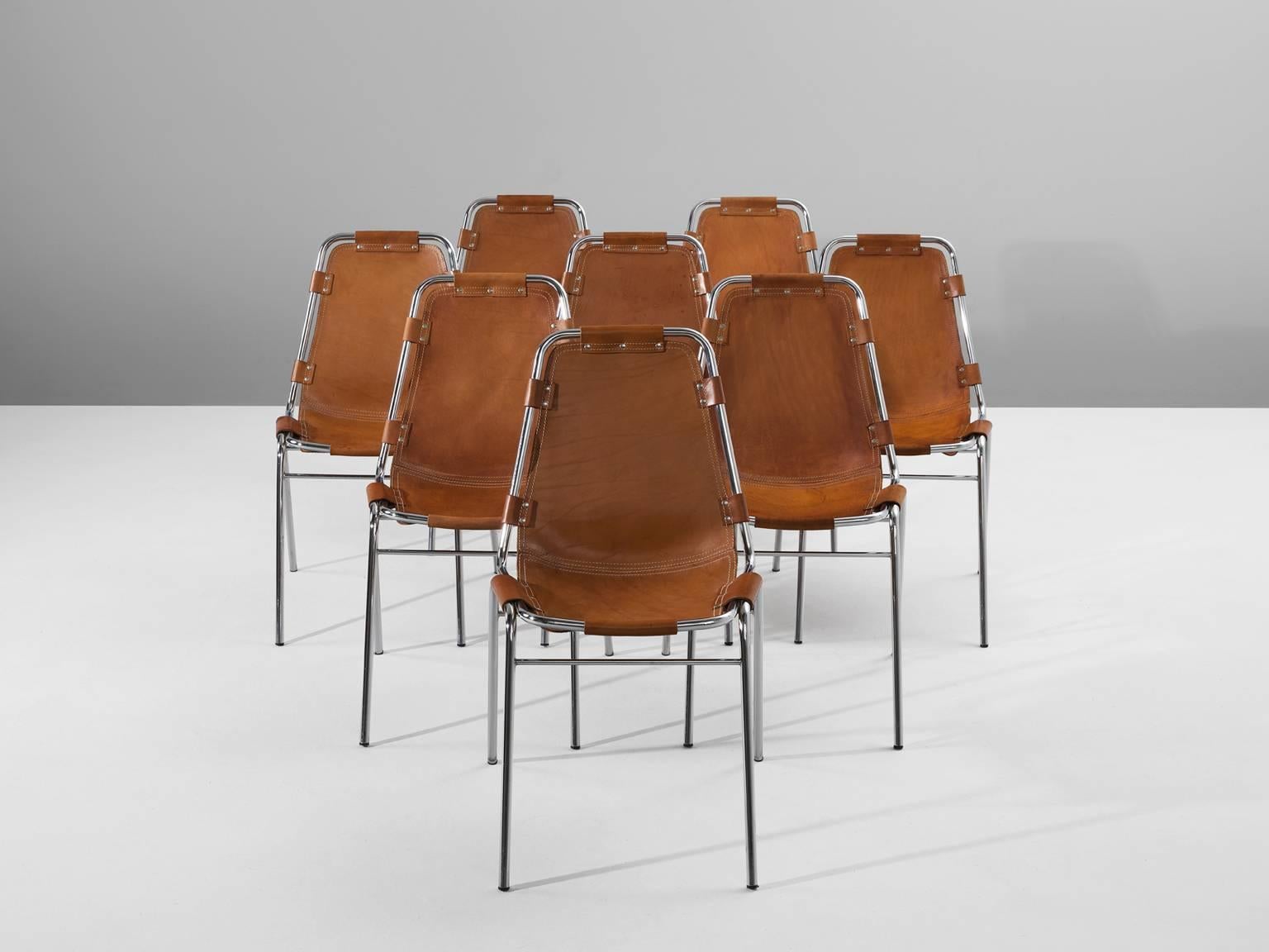 Mid-Century Modern Set of Eight 'Les Arcs' Chairs in Cognac Leather