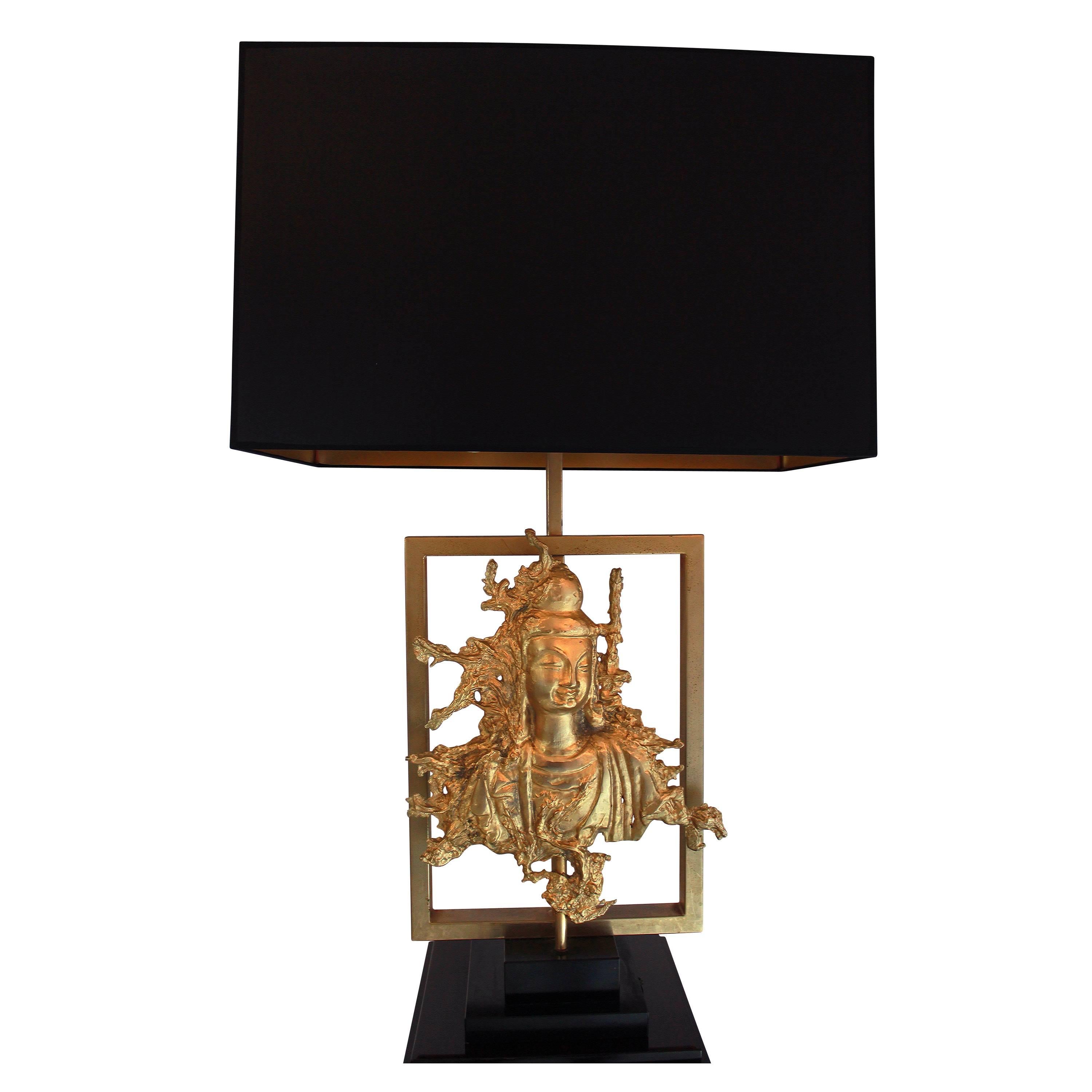 Rare Table Lamp with a Buddha Bronze Figure, Maison Guerin, Paris, circa 1970 For Sale