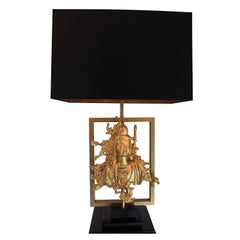 Vintage Rare Table Lamp with a Buddha Bronze Figure, Maison Guerin, Paris, circa 1970