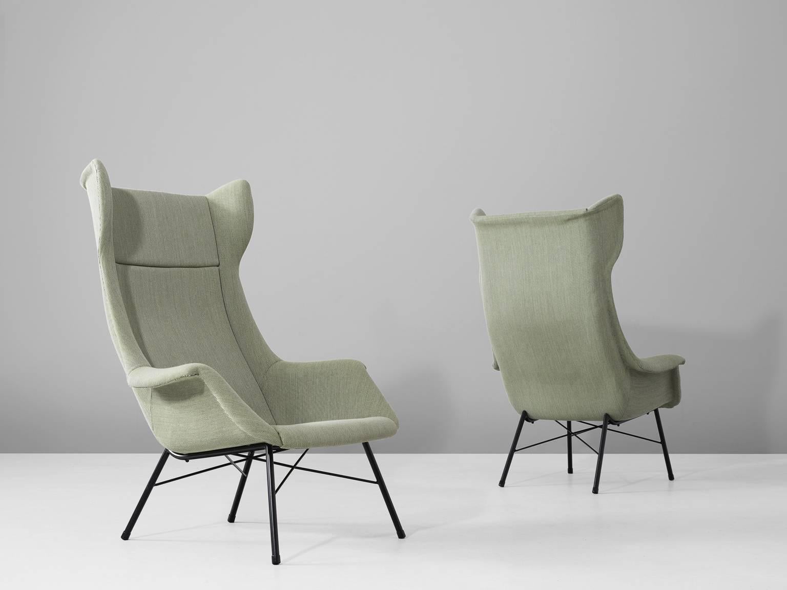 Pair of lounge chairs, in fabric and metal, by Miroslav Navatril, Czech Republic 1960s. 

Modern set of two high back lounge chairs. These chairs have a beautiful shaped shell and interesting metal frame. The shell shows beautiful lines and