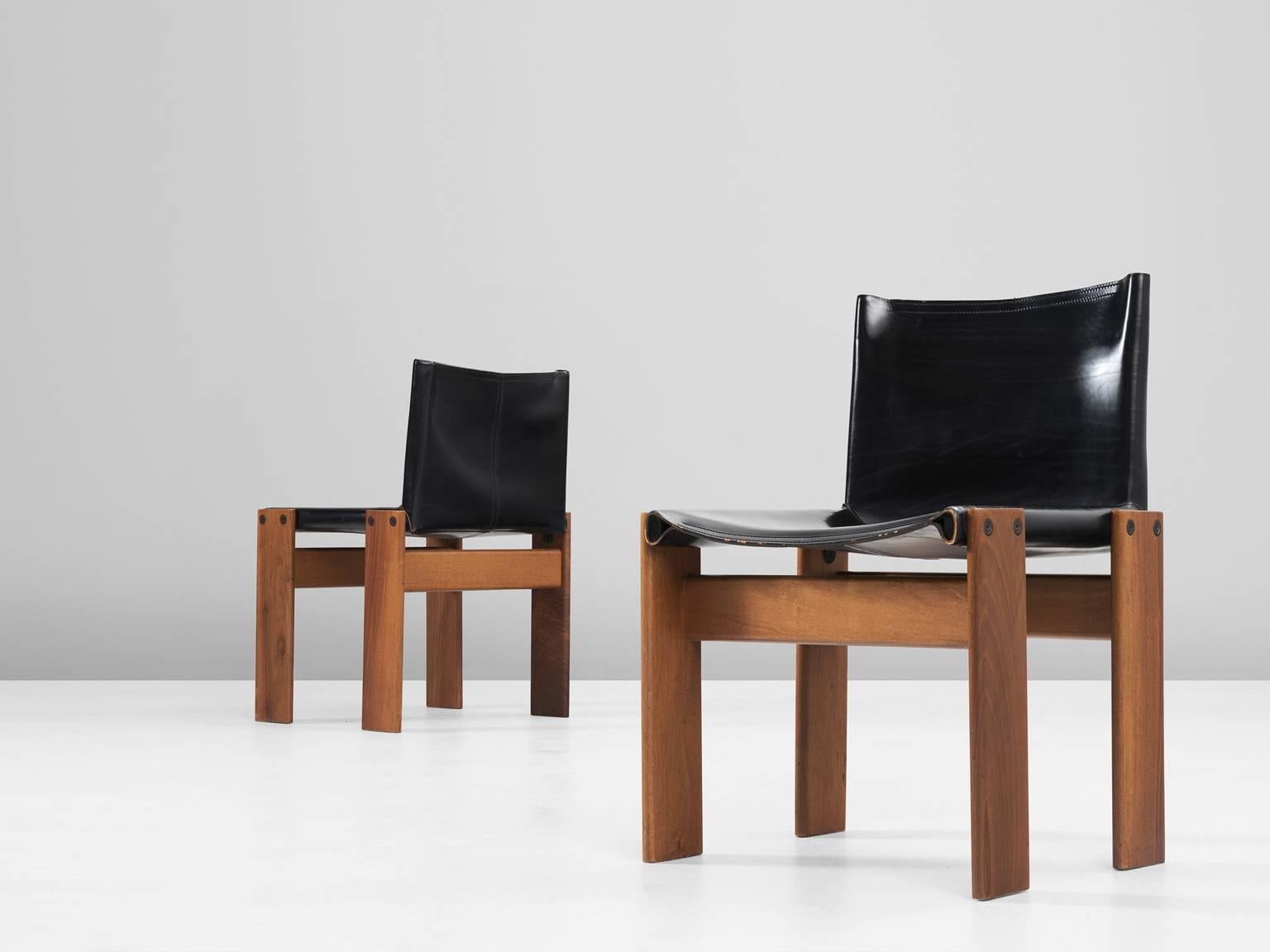 Italian Afra & Tobia Scarpa Set of Eight Black Leather 'Monk' Chairs