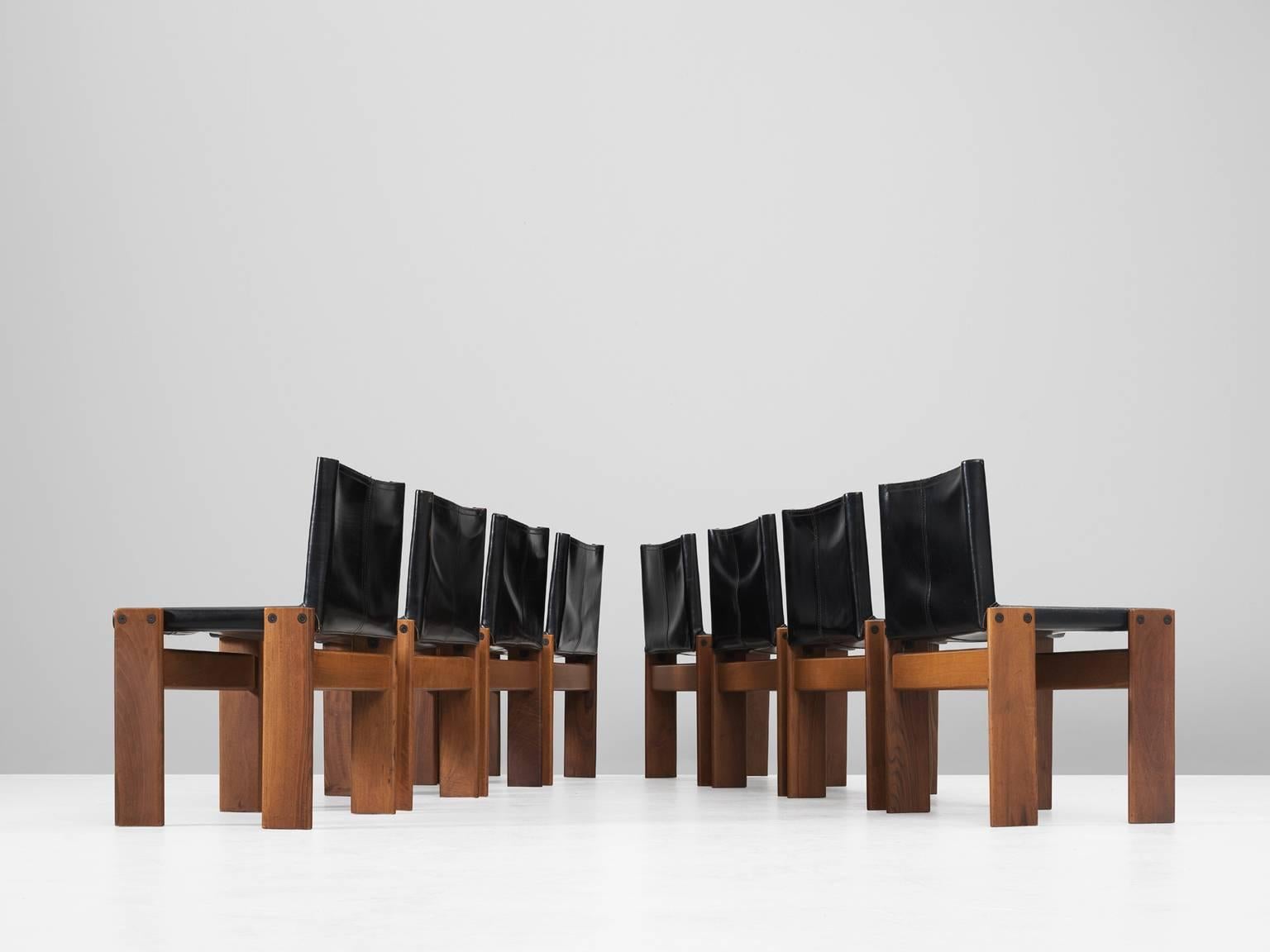 Mid-Century Modern Afra & Tobia Scarpa Set of Eight Black Leather 'Monk' Chairs