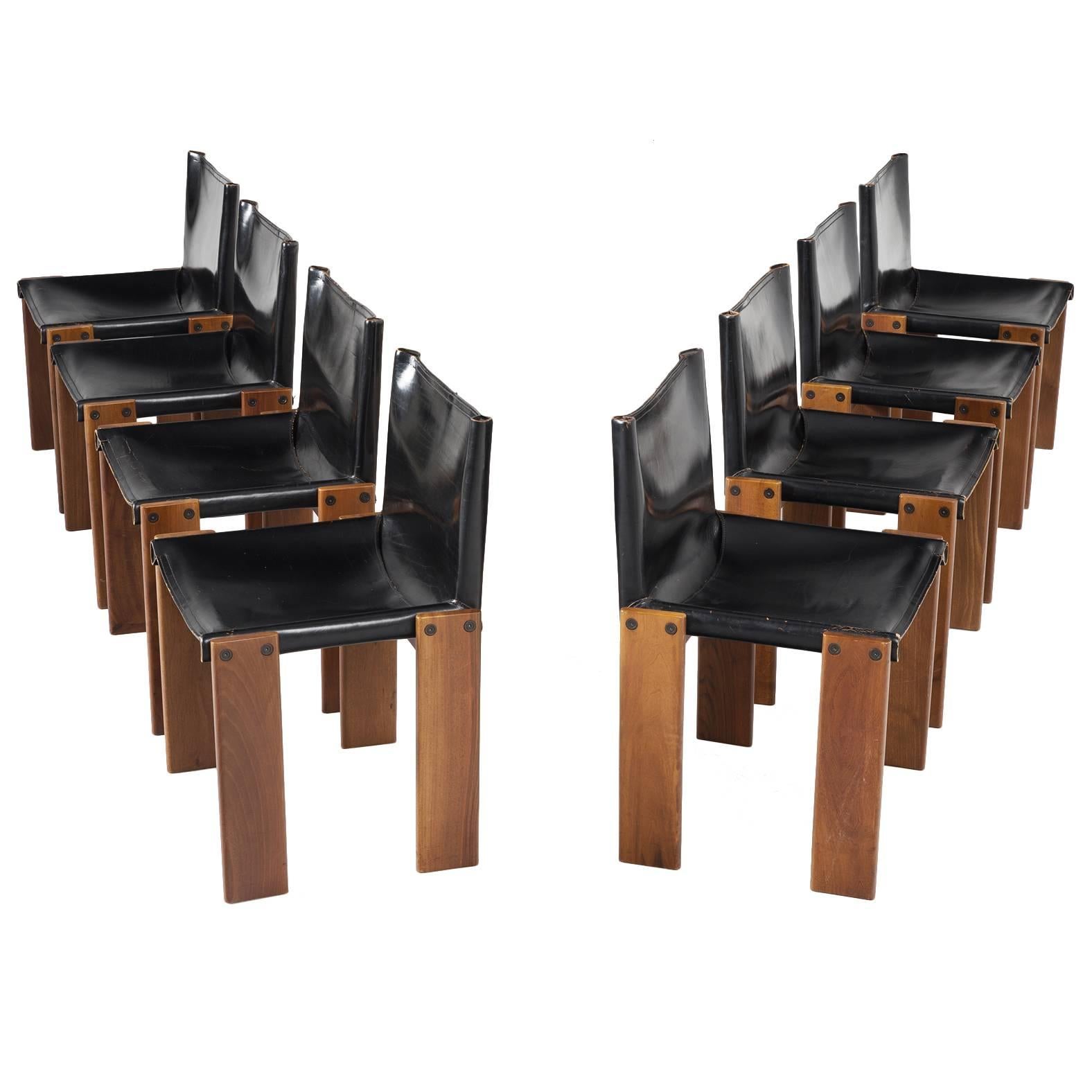 Afra & Tobia Scarpa Set of Eight Black Leather 'Monk' Chairs
