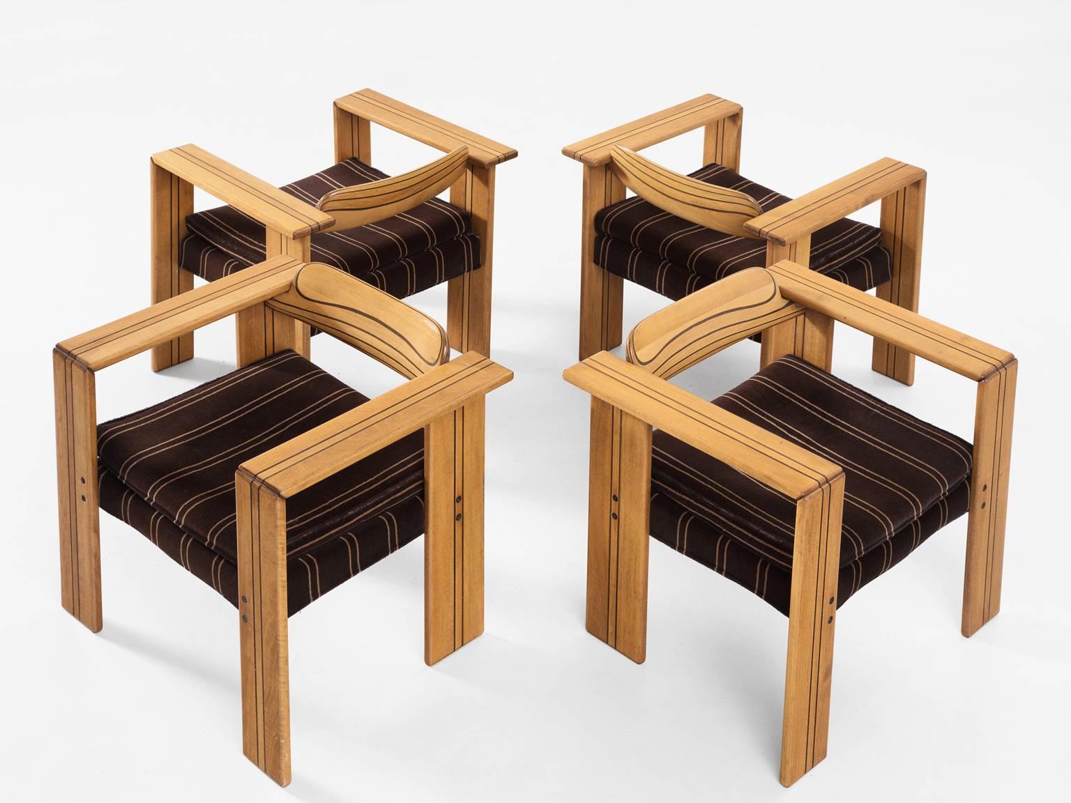 Set of four 'Artona' armchairs, in walnut and fabric, by Afra & Tobia Scarpa for Maxalto, Italy 1975. 

Quartet of cubic Artona lounge chairs by Italian designer couple Afra and Tobia Scarpa. These chairs show absolute stunning craftsmanship. The