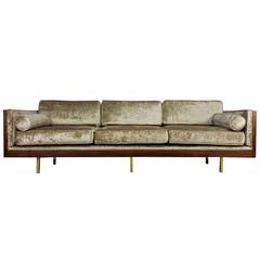 Vintage Wildly Grained Rosewood Sofa in Crushed Velvet After Milo Baughman, 1970s