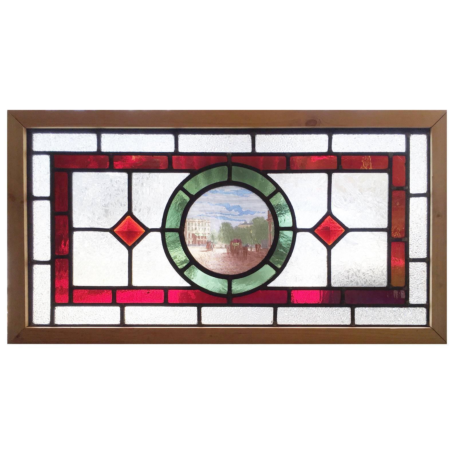 Reframed English Stained, Leaded, Jeweled and Painted Cottage Window