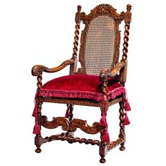 Antique Charles II Carved Walnut Caned Armchair