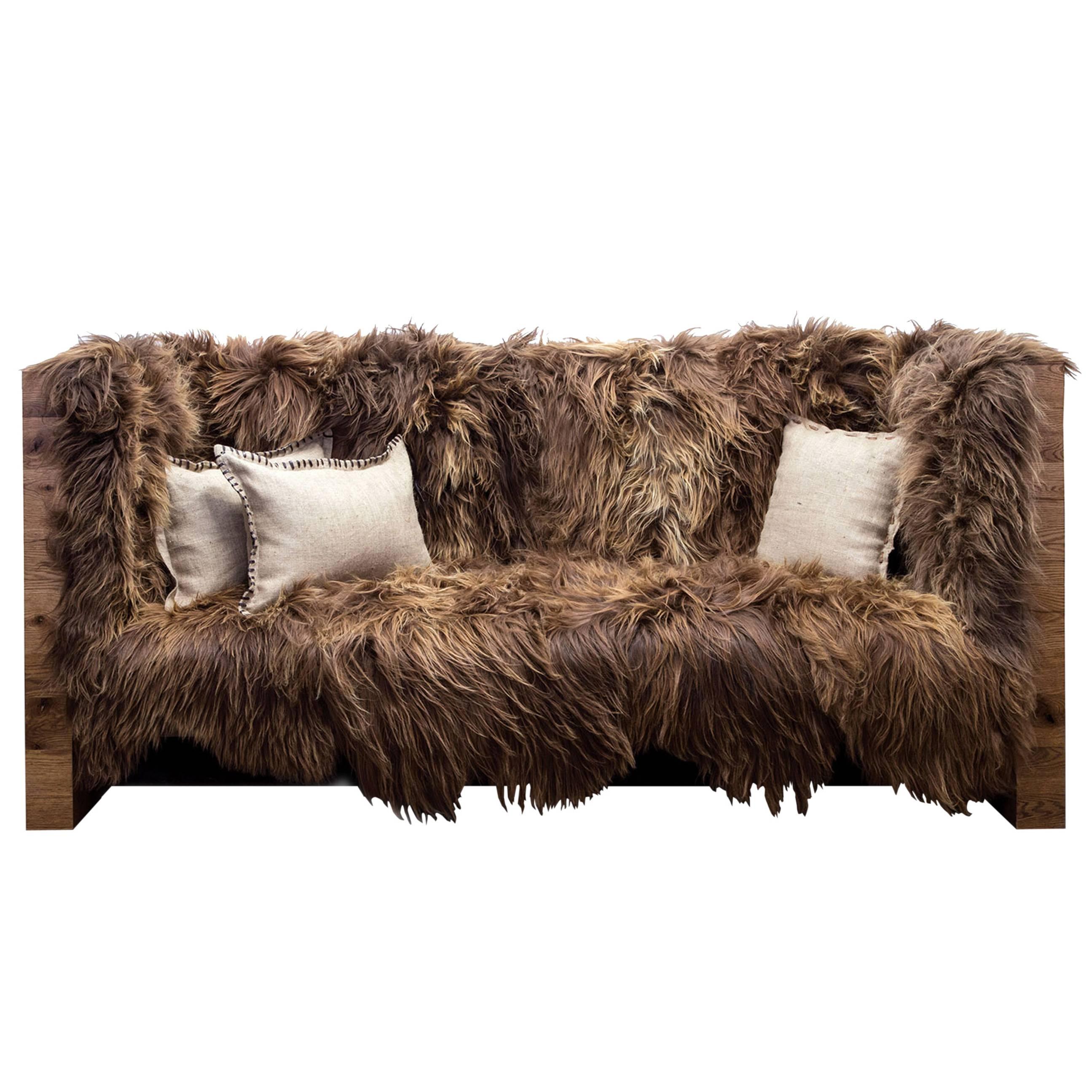 Sentient Long Wool Sofa in Icelandic Sheepskin and Reclaimed Oak For Sale