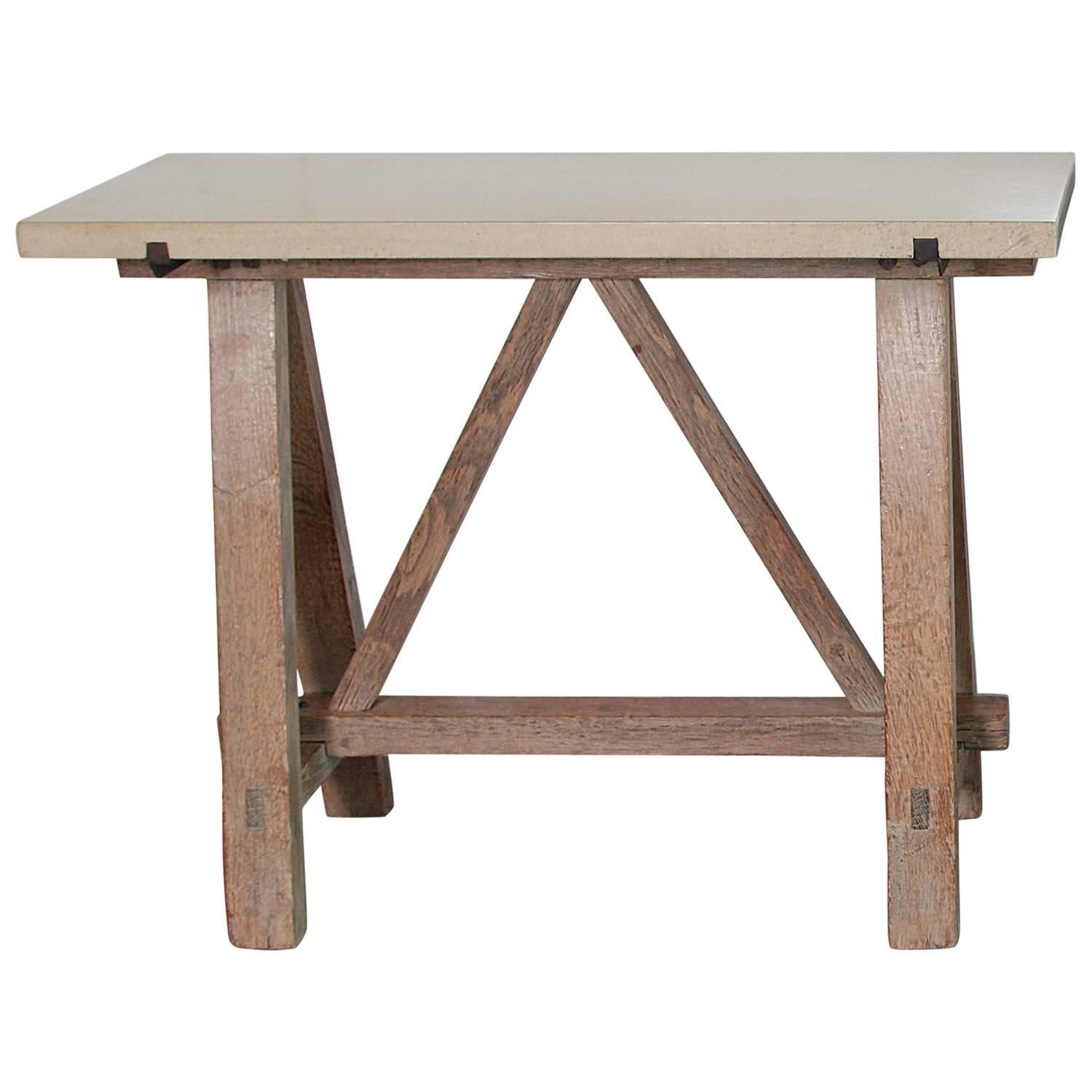 Antique French Blond Oak Saw Horse Entry Tables, circa 1910