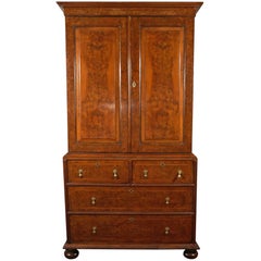 William & Mary Style Burled Yew Linen Press Cabinet