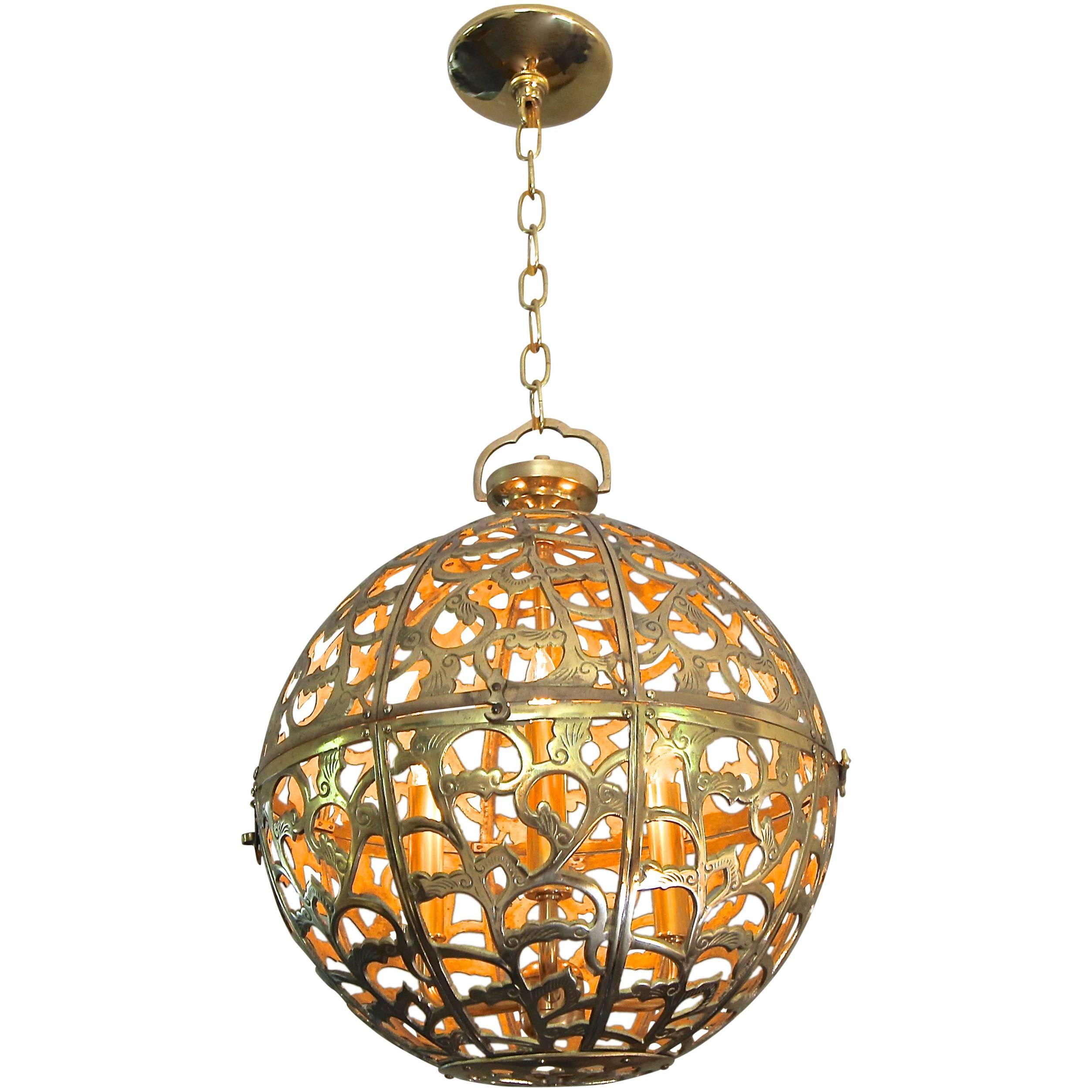 Large Pierced Filigree Brass Japanese Asian Ceiling Pendant Light