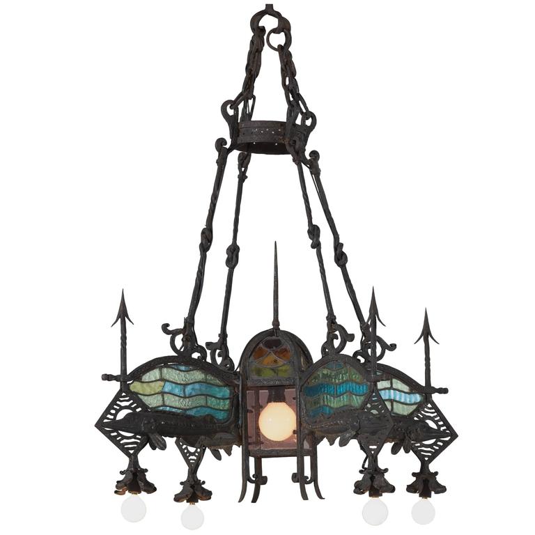 Stained Glass Iron Chandelier at 1stdibs