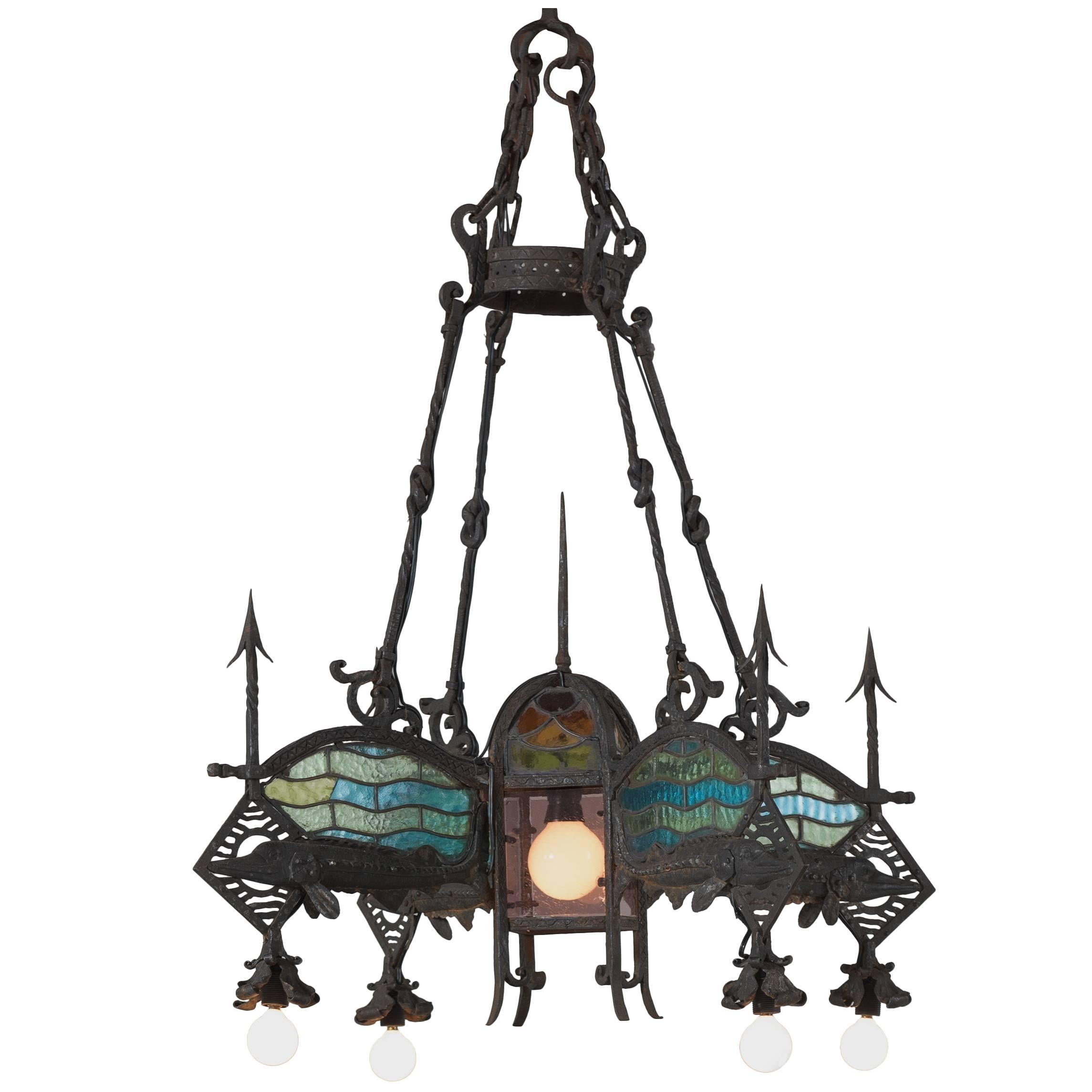 Stained Glass Iron Chandelier