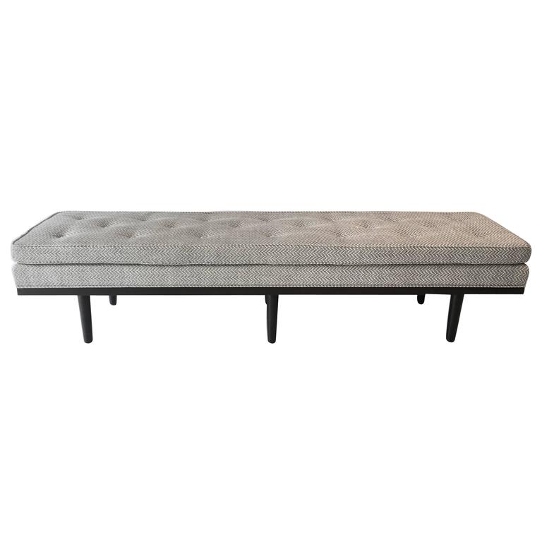 Long MidCentury Bench, Dark Walnut Frame, Grey Woven Pierre Frey