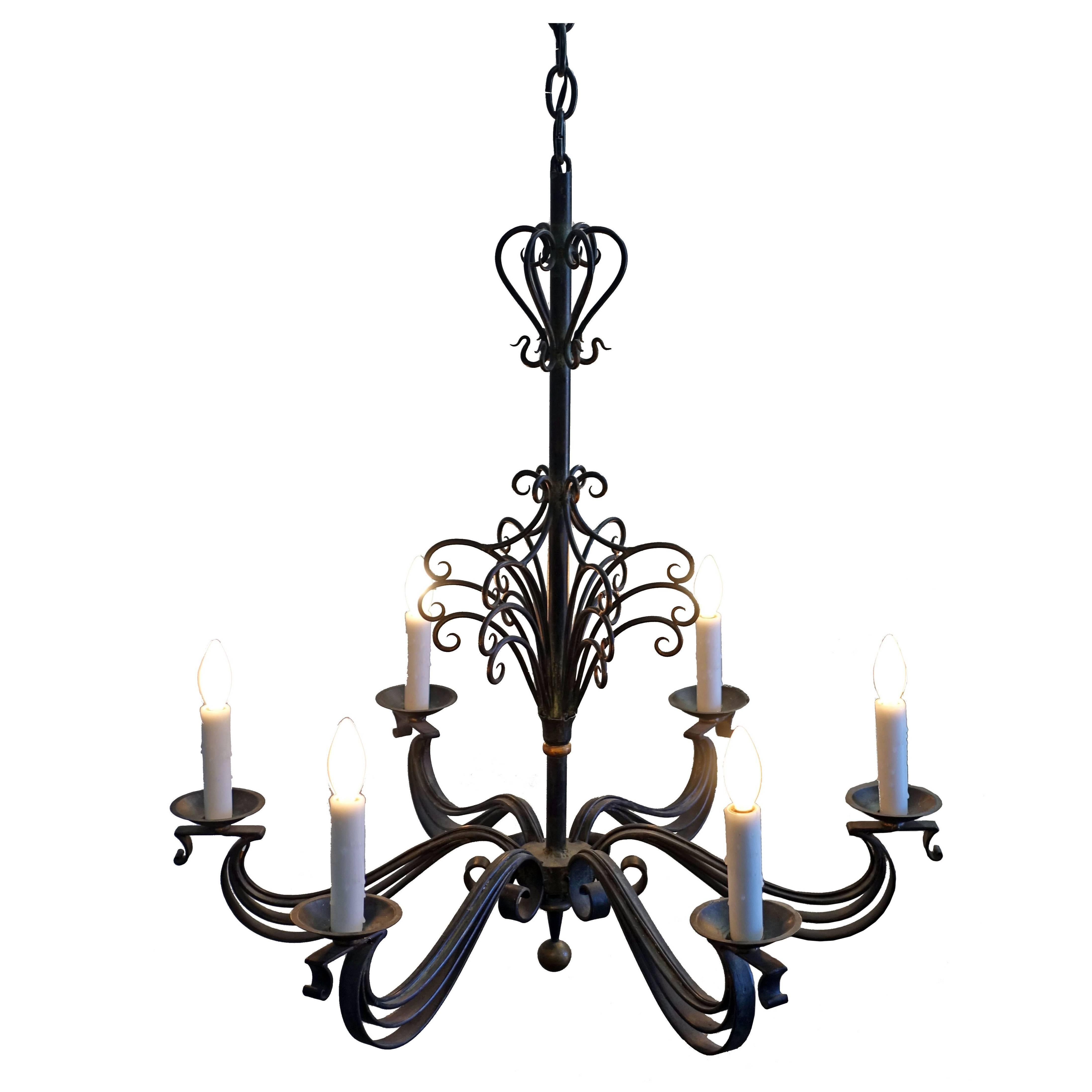 French Wrought Iron Chandelier Light Fixture For Sale