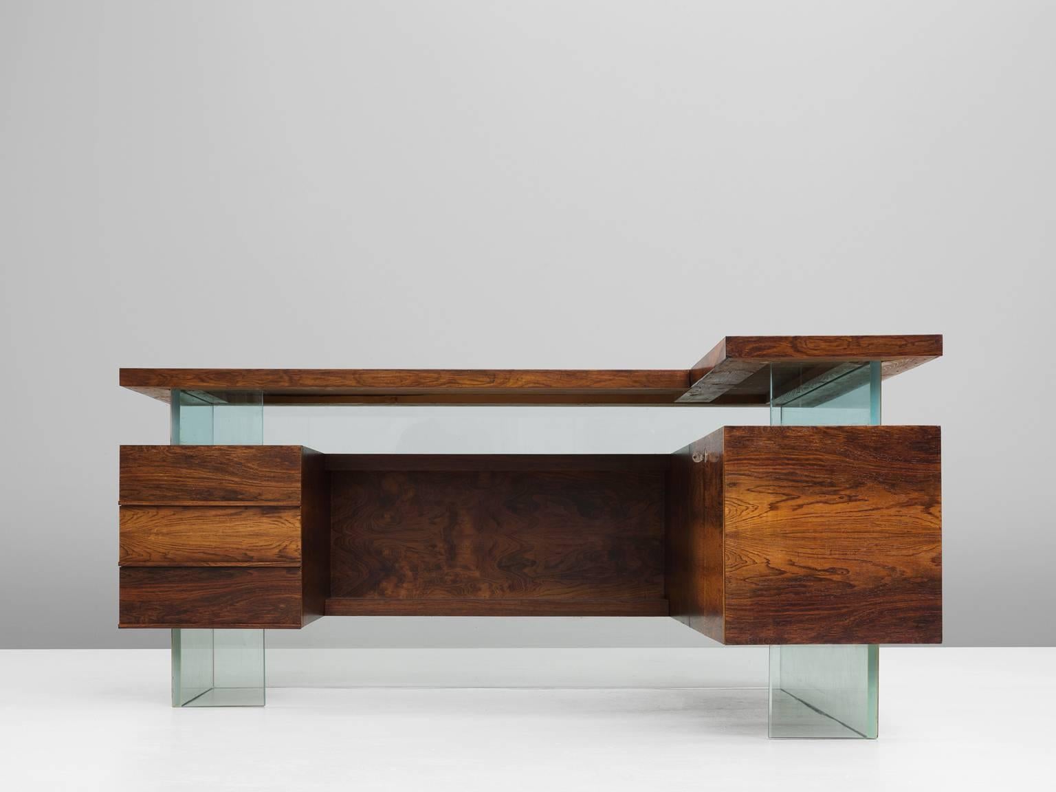 Mid-Century Modern French Desk in Rosewood and Glass