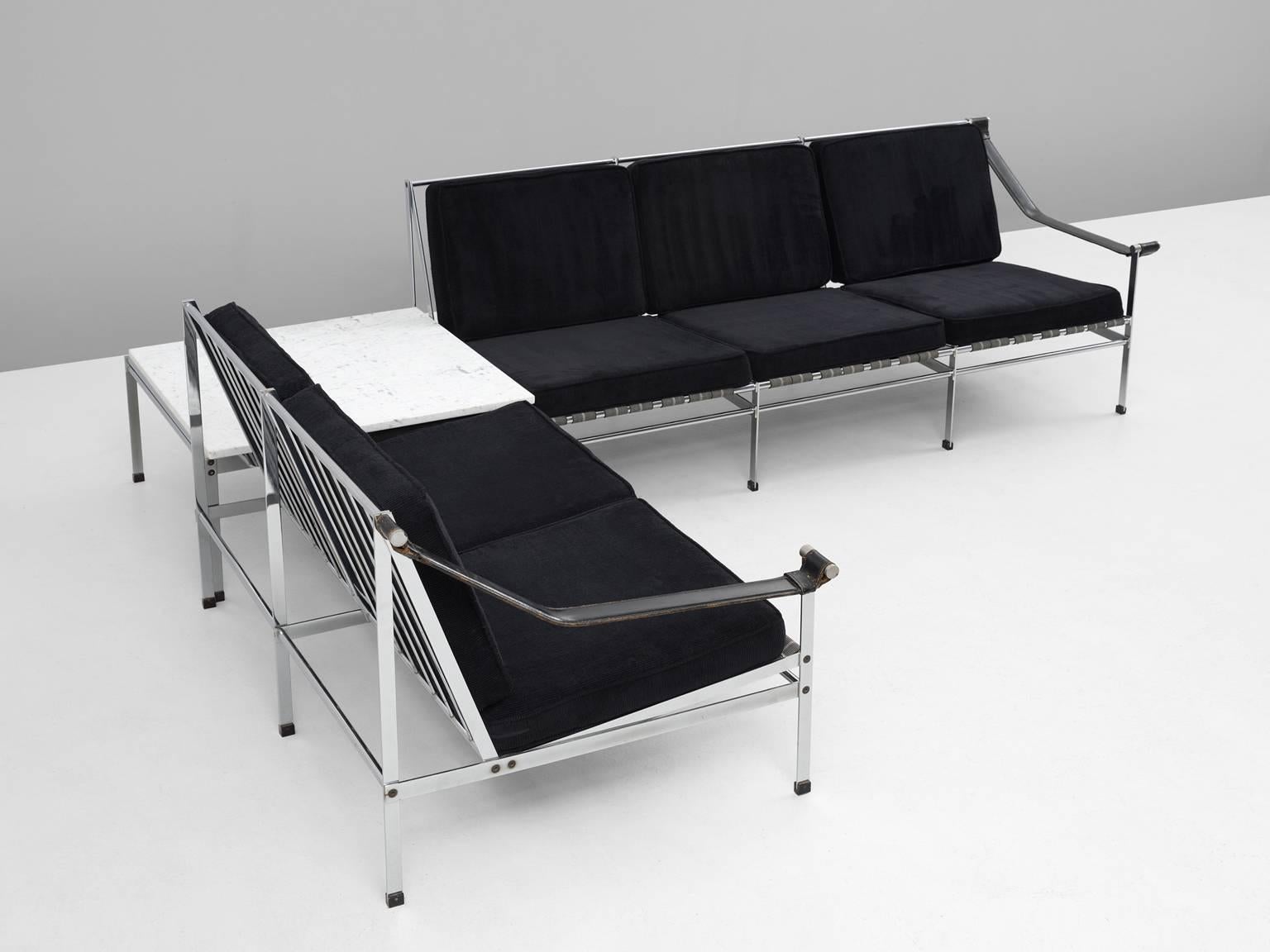 Mid-Century Modern Set of Two Mid-Century Sofa's and Table in Chrome and Marble