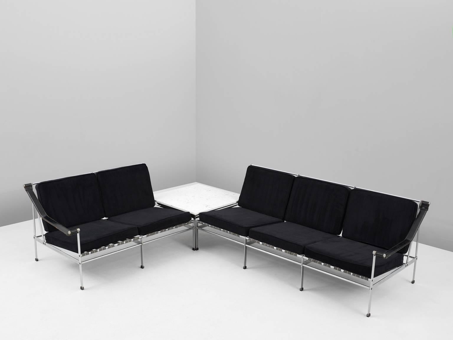 European Set of Two Mid-Century Sofa's and Table in Chrome and Marble
