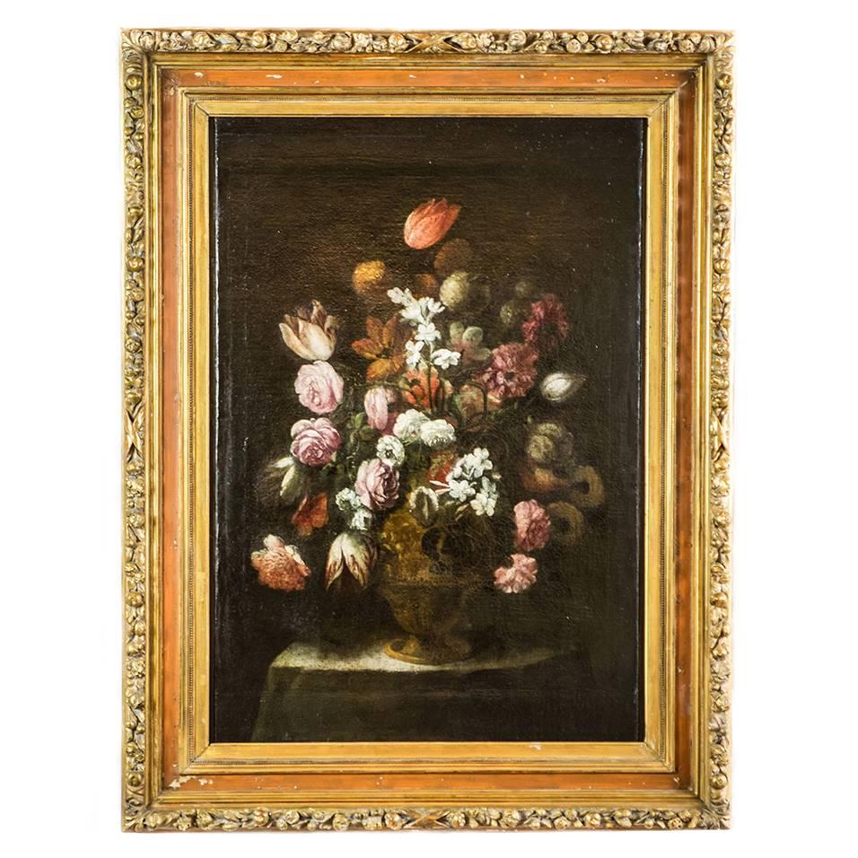  Italian 17th Century Flowers Still Life Lombard School Oil on Canvas Painting