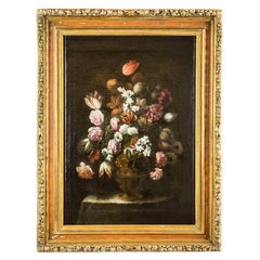  Italian 17th Century Flowers Still Life Lombard School Oil on Canvas Painting