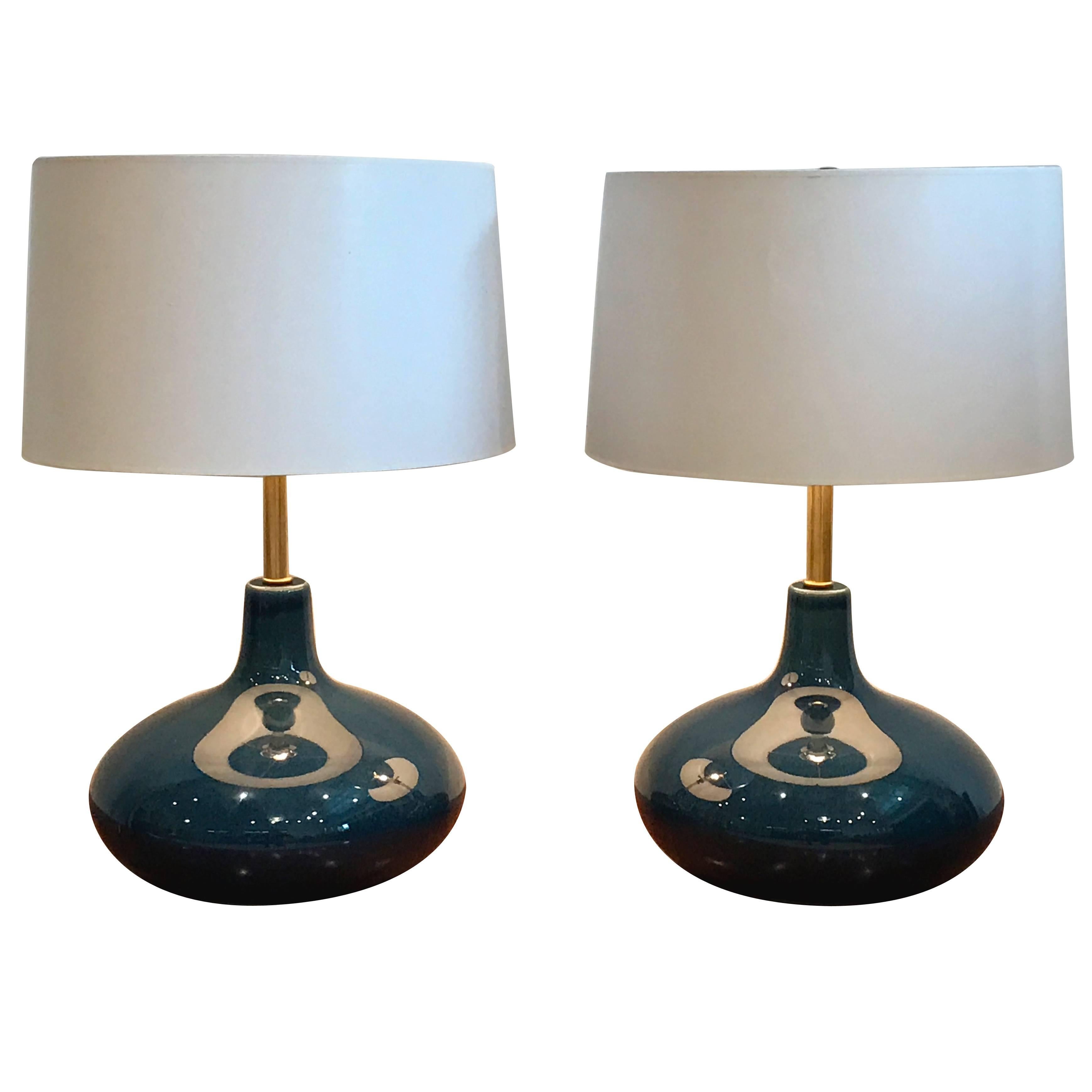 Pair of Mid-Century Modern Blue Glazed Ceramic Table Lamps, 1960s