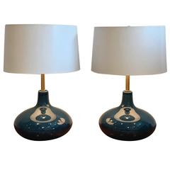 Pair of Mid-Century Modern Blue Glazed Ceramic Table Lamps, 1960s