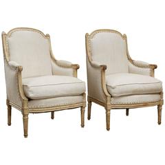 19th Century Louis XVI Style Armchairs Upholstered in Vintage Hungarian Linen