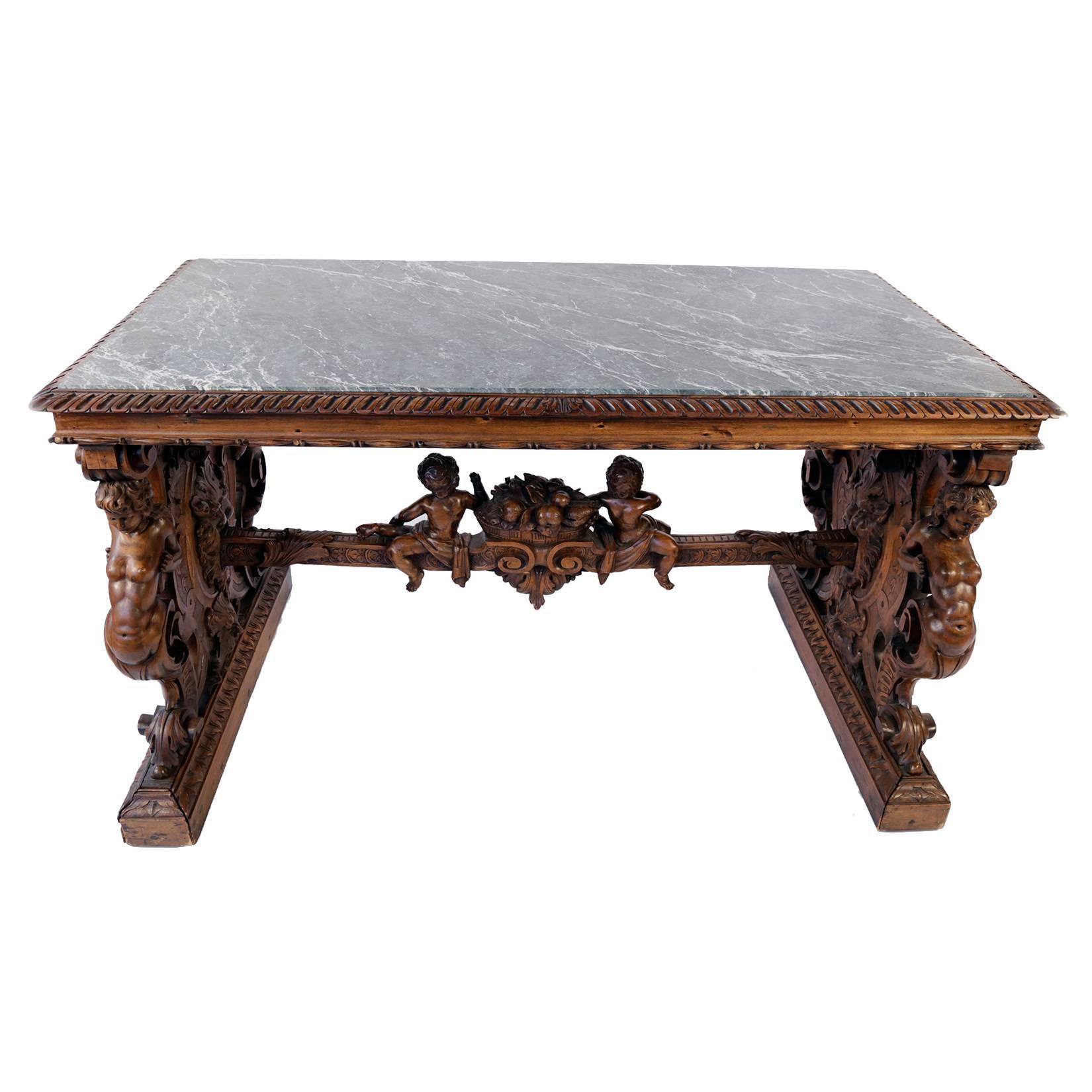 19th Century Italian Renaissance Style Marble-Top Library Table For Sale