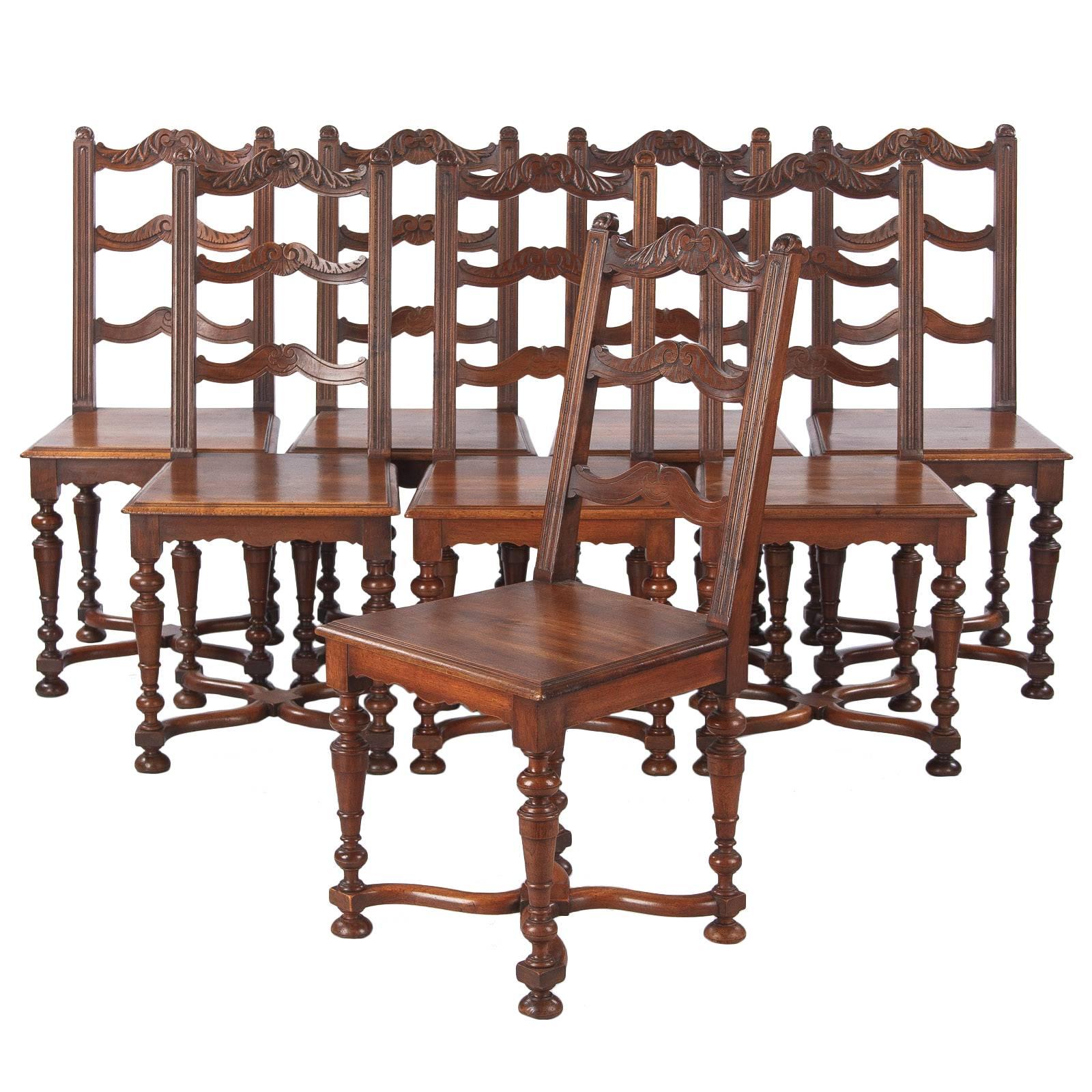 Set of 8 French Louis XIV Style Walnut Dining Chairs, Circa 1920s