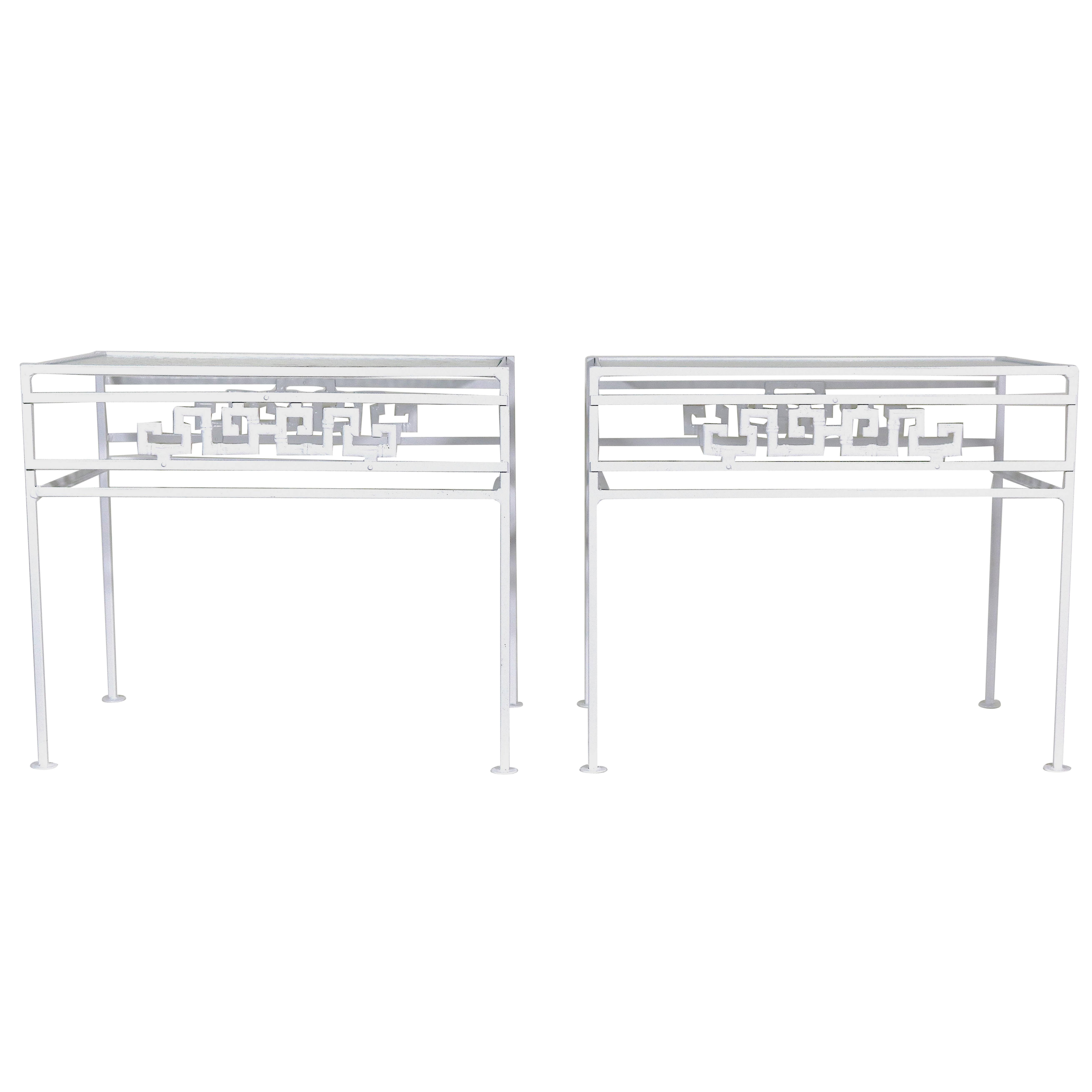 Stylish Mid-Century Modern, Hollywood Regency, Salterini aluminum pair of side tables with Greek key design. Totally restored- the aluminum is newly white powder coated, the tops still have the original cool crinkle glass. Great style for your