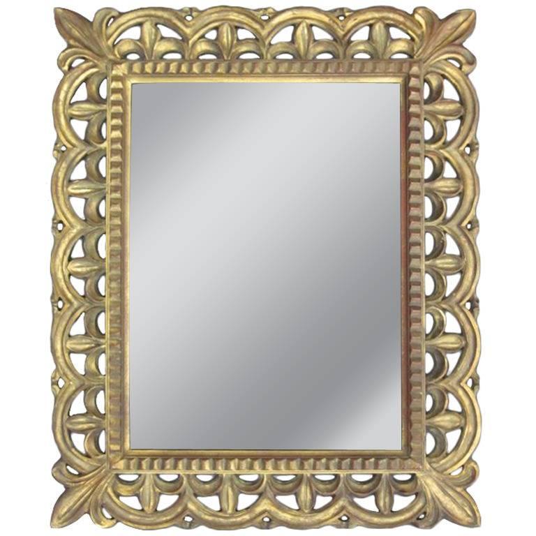 French Mid-Century Hand Carved Gilt Wood Rectangular Mirror, 1940 For Sale