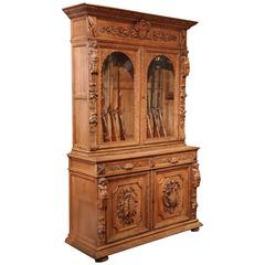 19th Century French Napoleon III Carved Light Oak Gun Cabinet