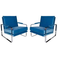 Pair of Lounge Chairs in Cerulean Blue Velvet Designed by Milo Baughman