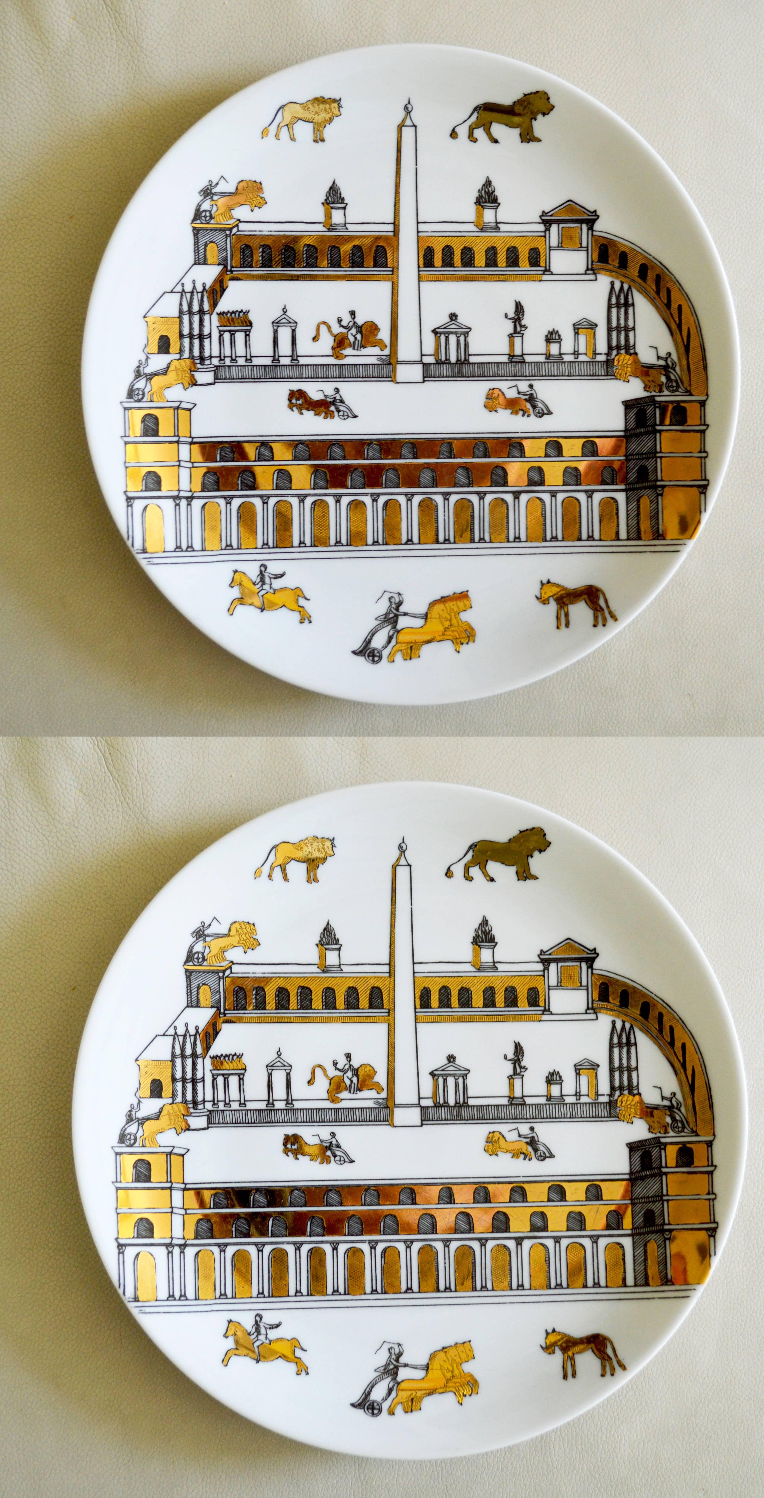 Vintage Piero Fornasetti Set of Nine Porcelain Plates, Anfiteatro, 1960s In Excellent Condition In Downingtown, PA