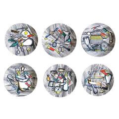 Vintage Piero Fornasetti Porcelain Set of Six Plates with Bird Hunting Objects 3