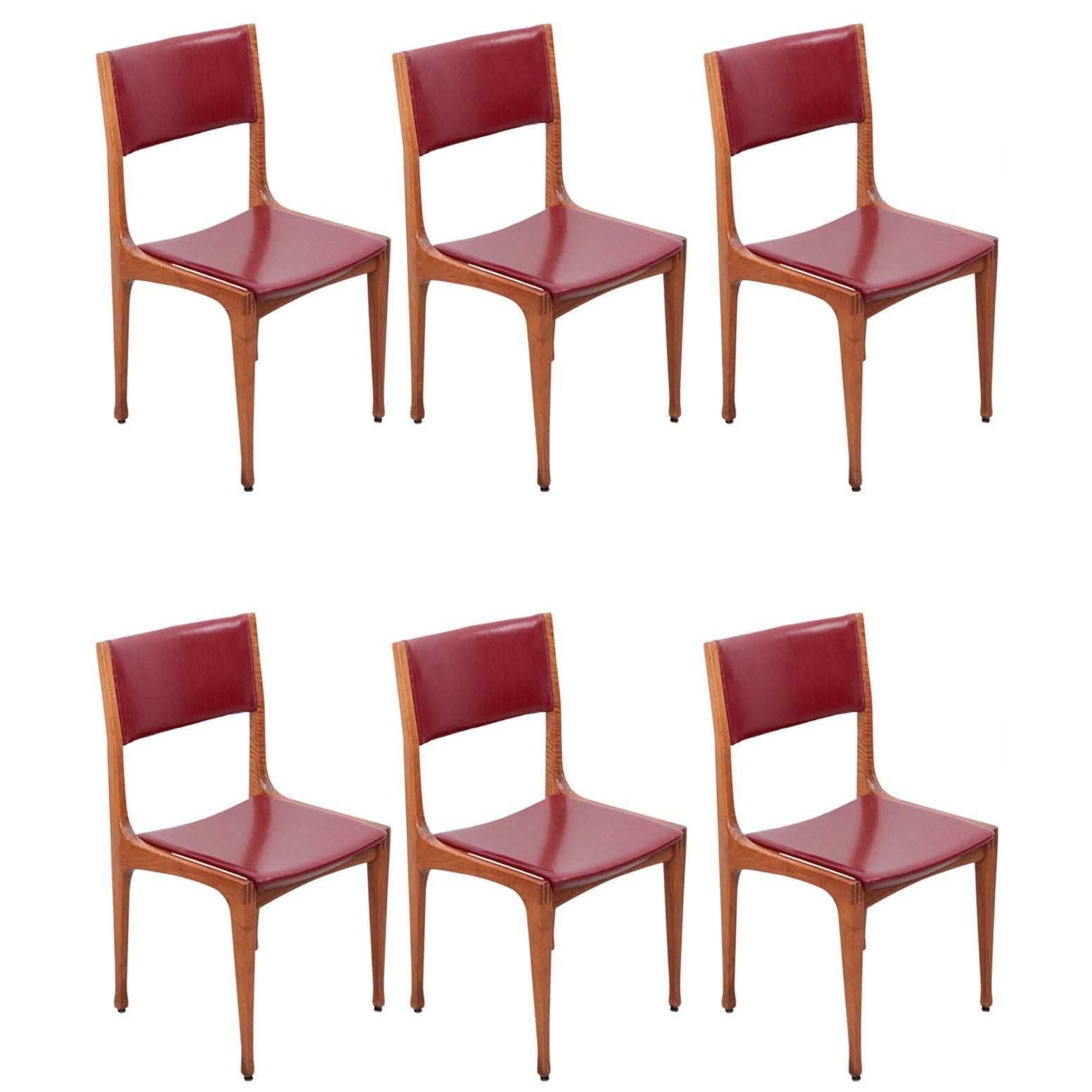 Set of 6 Carlo De Carli Mod 693 Chairs for Cassina in Dark Red Faux Leather