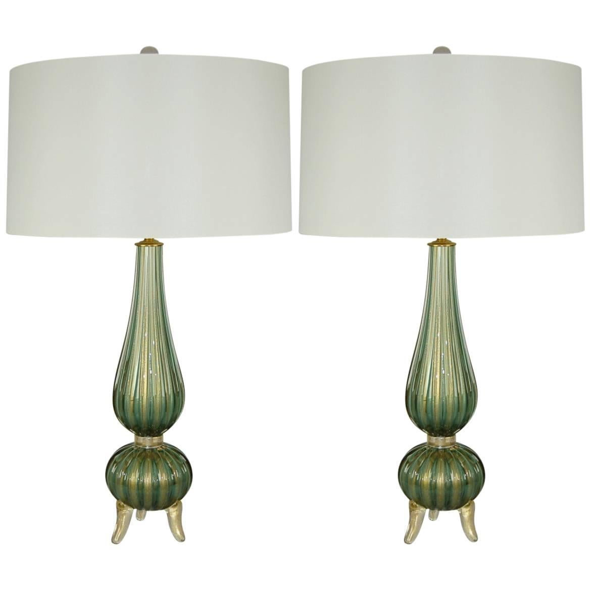 Green Murano Italian Three Footed Lamps  For Sale