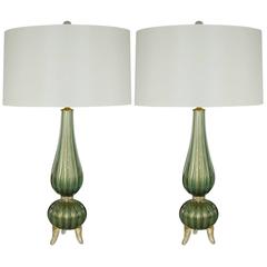 Green Murano Italian Three Footed Lamps 
