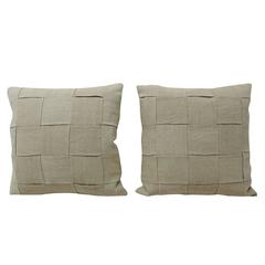 Pair of 19th Century Homespun Basket Weave French Linen Pillows