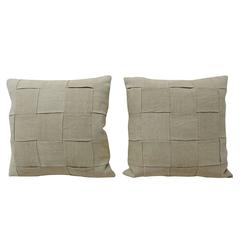Antique Pair of 19th Century Homespun Basket Weave French Linen Pillows