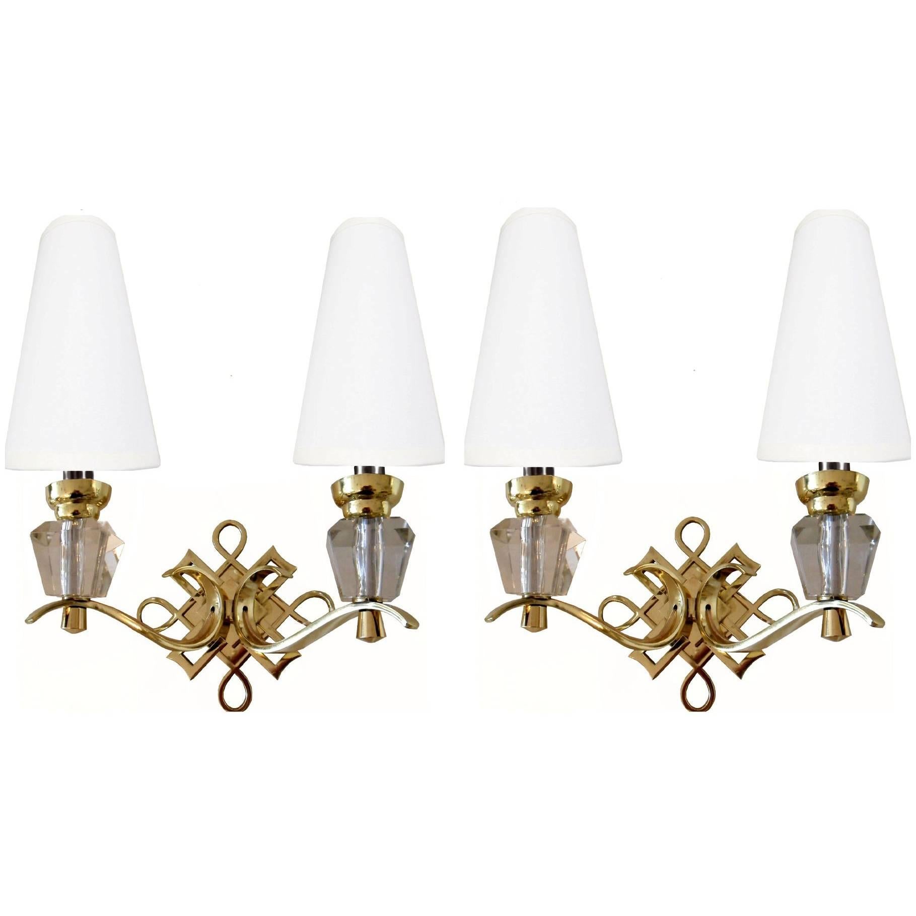 French Wall Sconces Polished Brass & Glass Jules Leleu Style - Pair 4 available For Sale