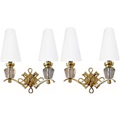 Retro French Wall Sconces Polished Brass & Glass Jules Leleu Style - Pair 4 available