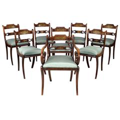 Set of Eight Regency Simulated Rosewood and Brass Inlaid Dining Chairs