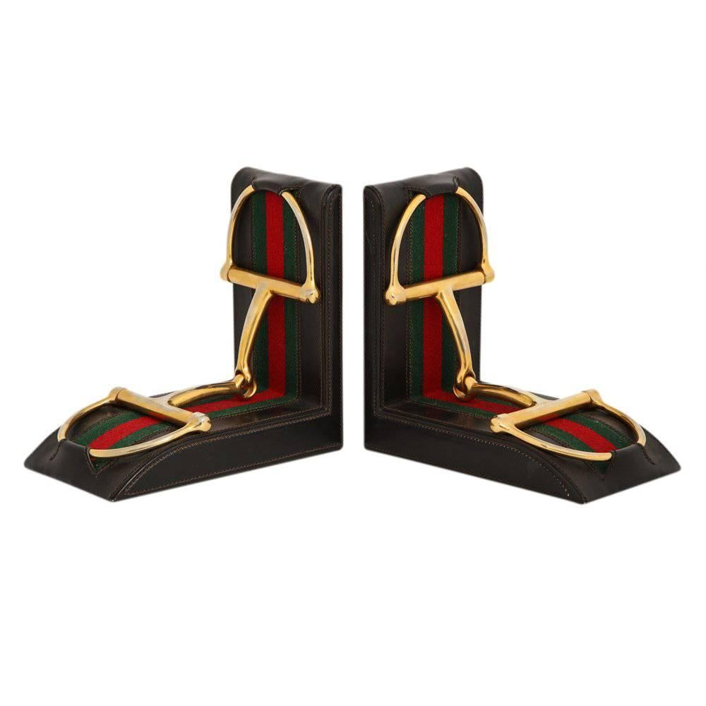 Gucci Horsebit Leather and Brass Bookends Signed Italy 1970's