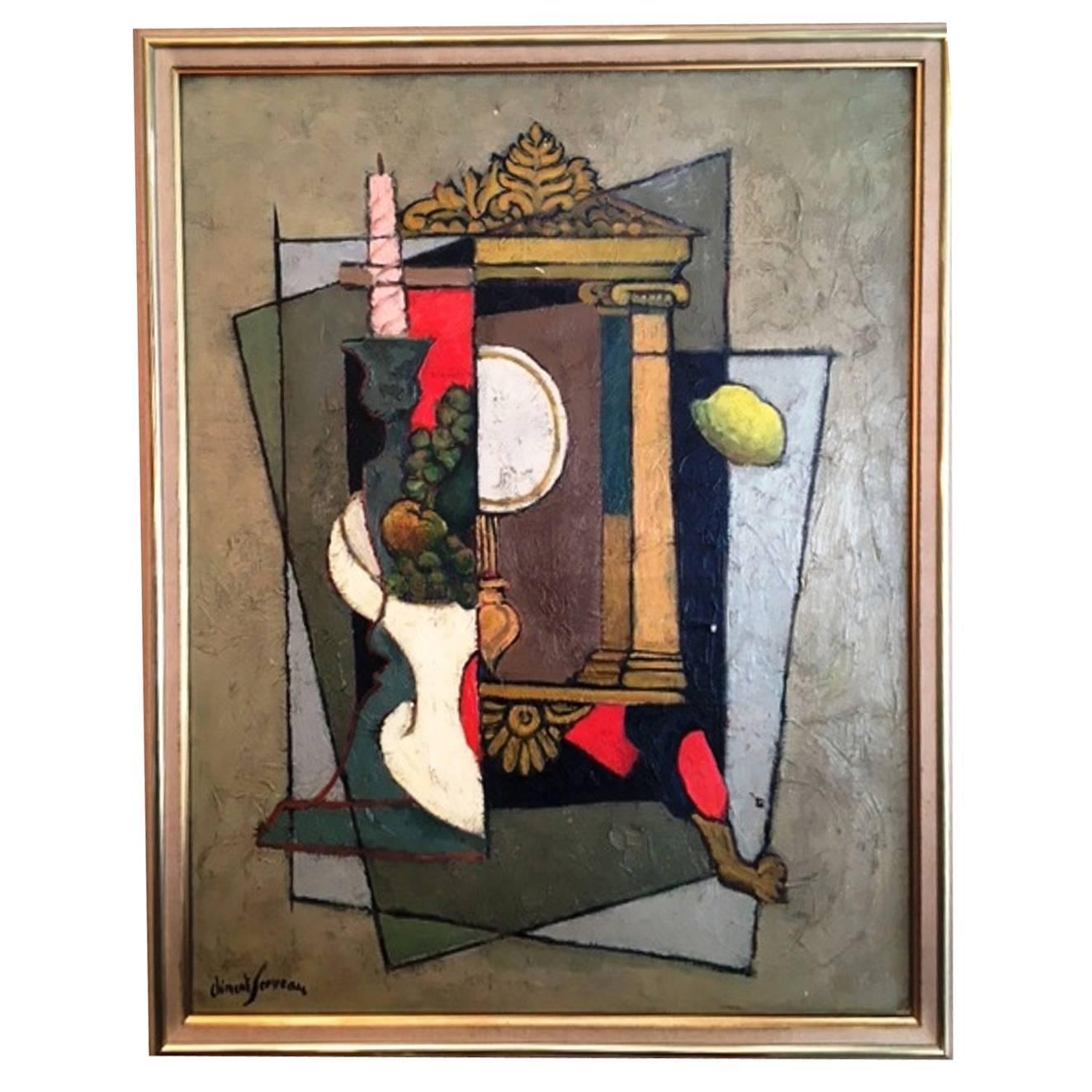 Nice Oil on Canvas by Clément Serveau, Late 1960s, Cubist Style