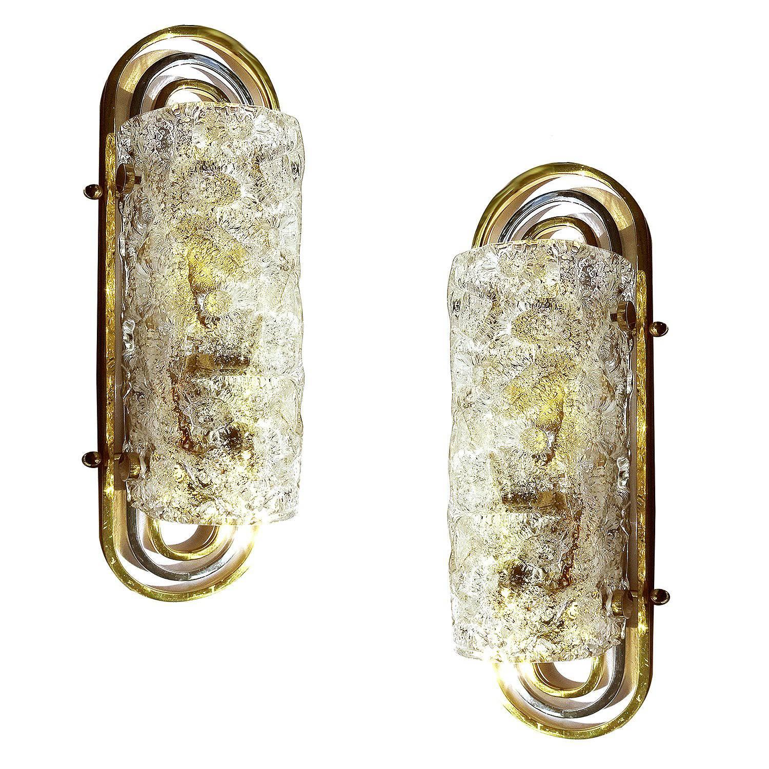 Pair of Murano Glass & Brass Sconces, 1970s Modernist Mirror Vanity Lights
