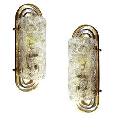 Retro Pair of Murano Glass & Brass Sconces, 1970s Modernist Mirror Vanity Lights