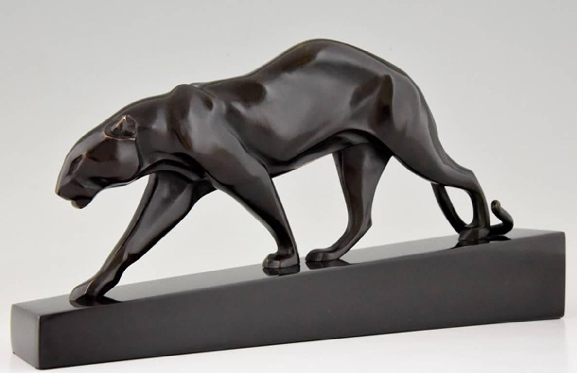 Belgian Black Marble French Art Deco Bronze Panther Maurice Prost, Susse Freres, 1925, L.14.6 inch. 